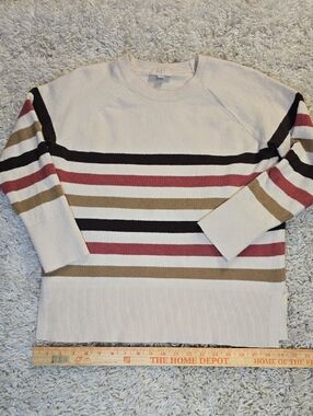 LOFT Cream Crewneck Sweater with Mulberry, Taupe & Brown Stripes 1122